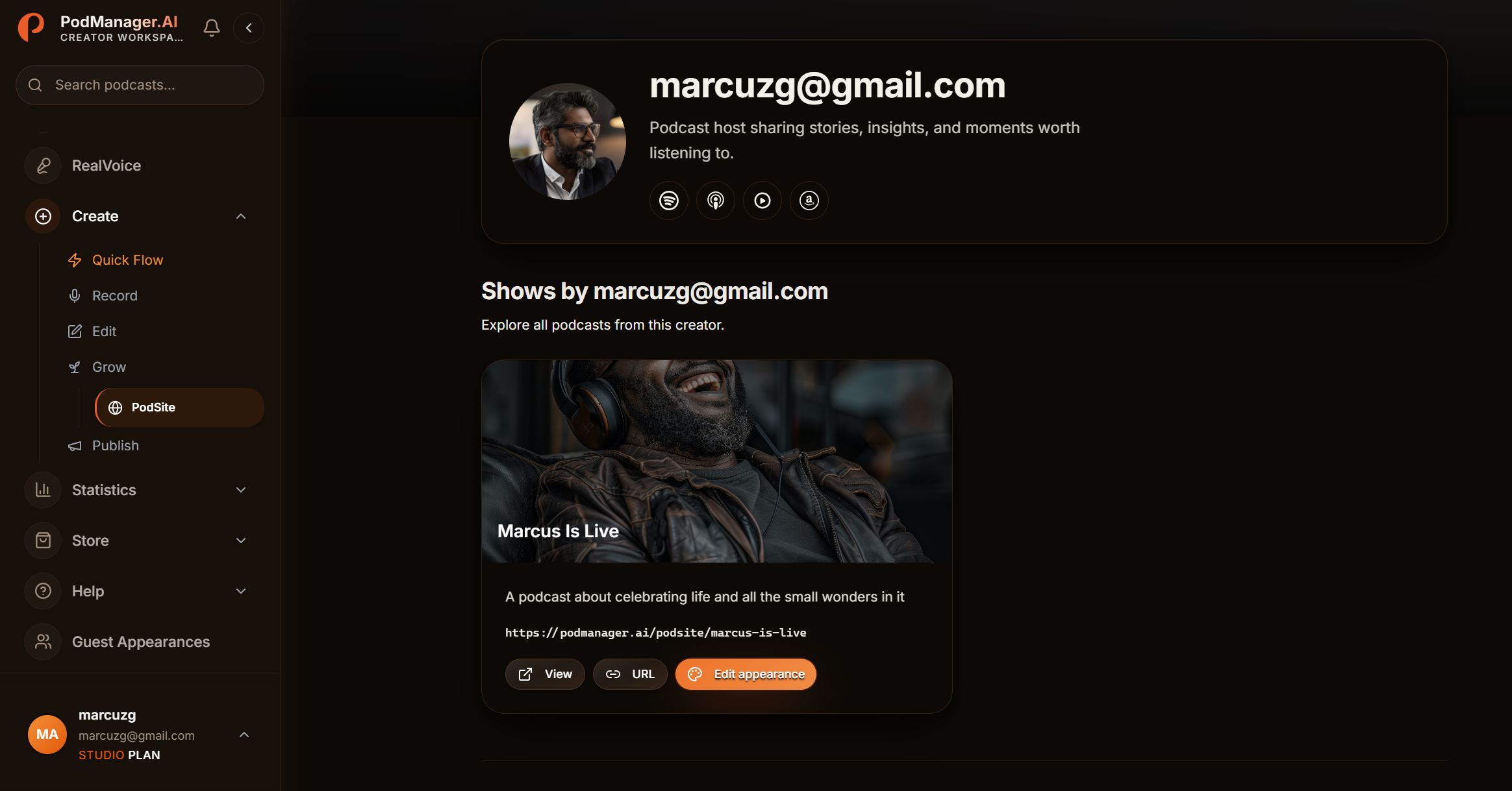 The PodSite editor showing the podcast website and episode list