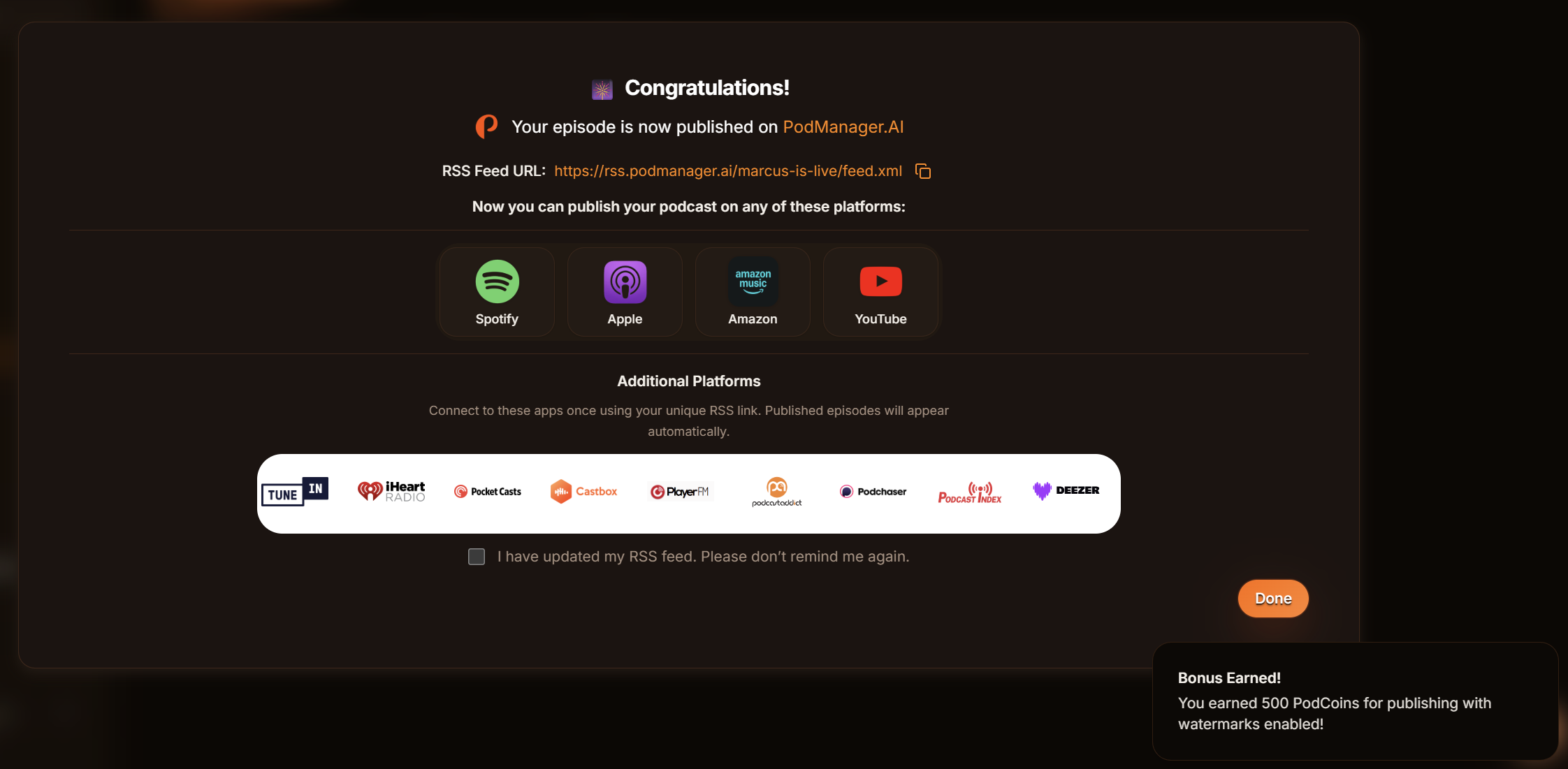 The publish screen with episode details and distribution options