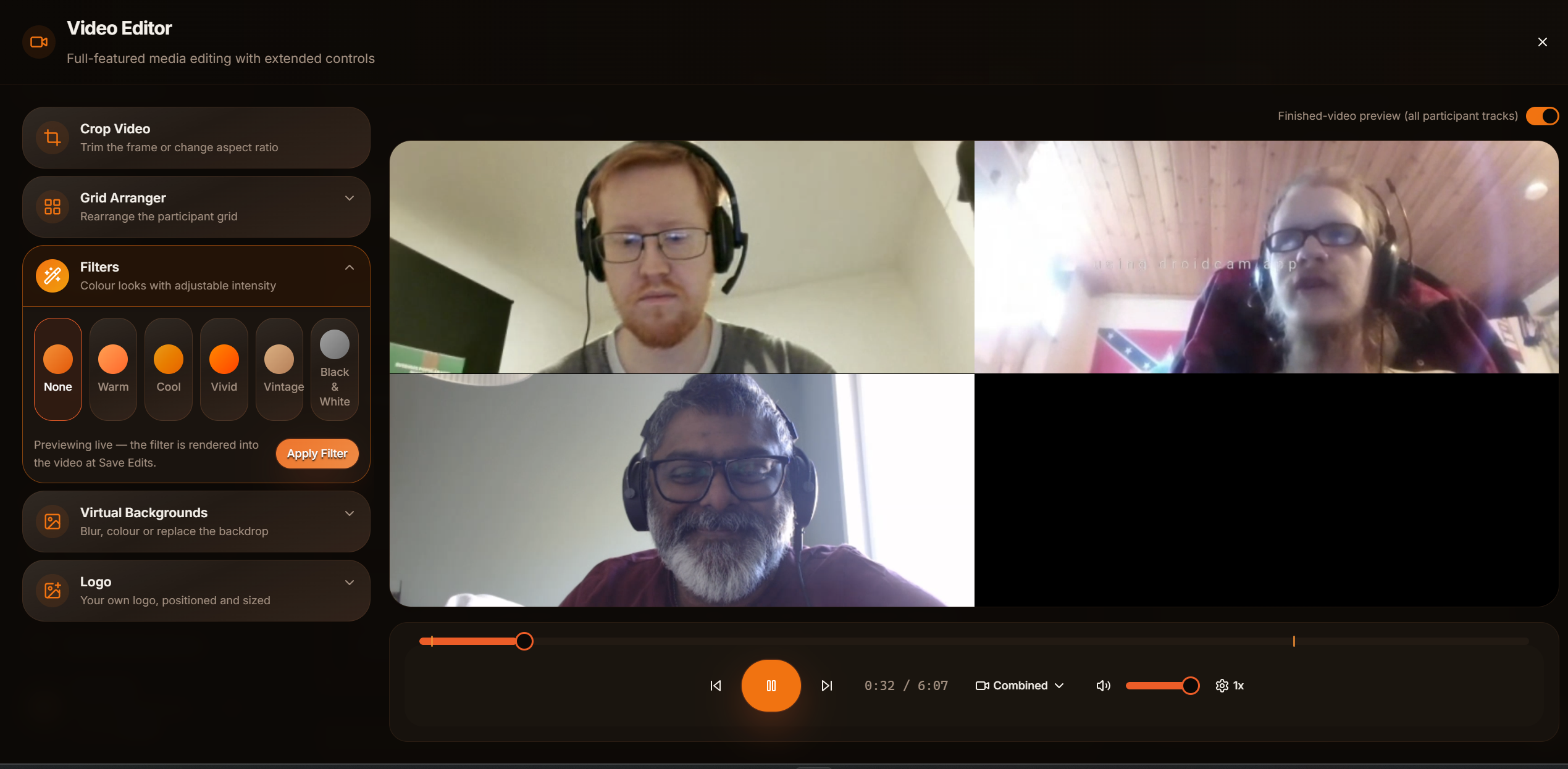 The PodManager recording studio with a guest joined on a separate track
