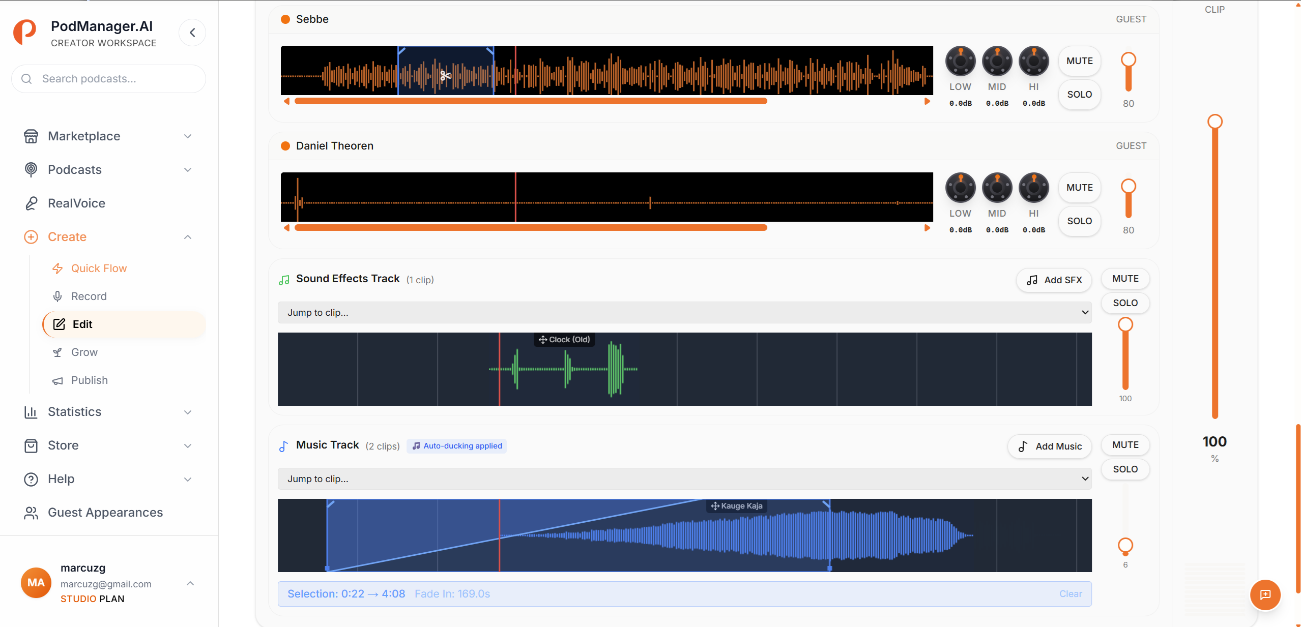PodManager.AI multi-track editor showing per-participant waveforms, transcript and AI tools